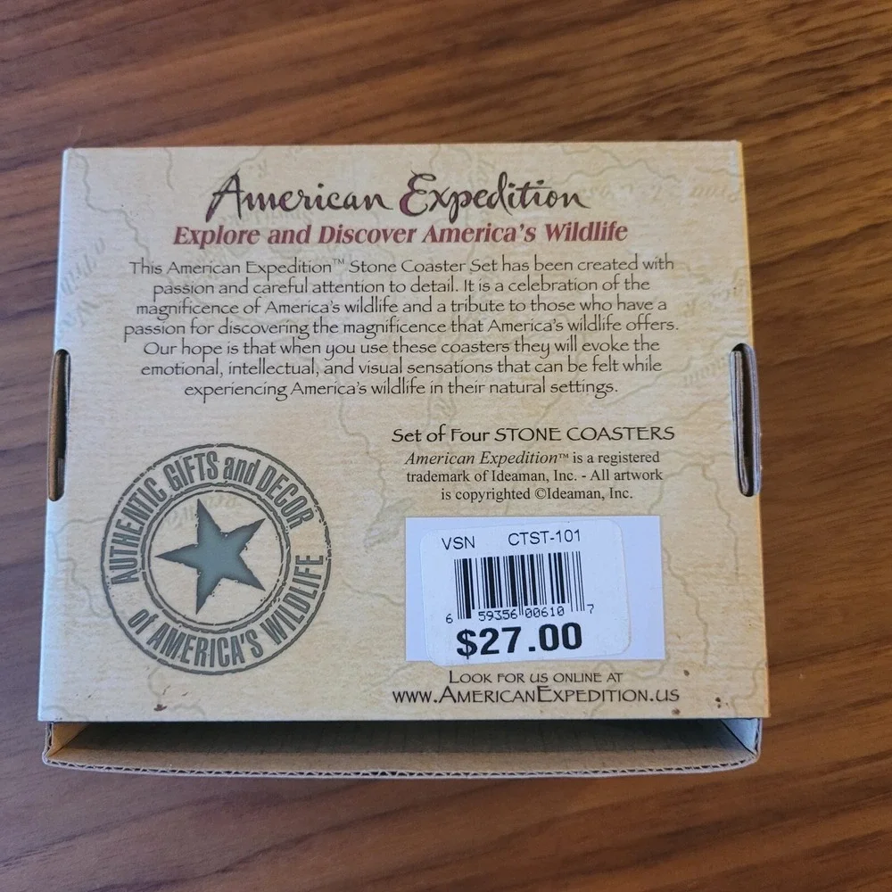 American Expedition Black Bear Stone Coasters Set of 4 w Wood Holder Wildlife